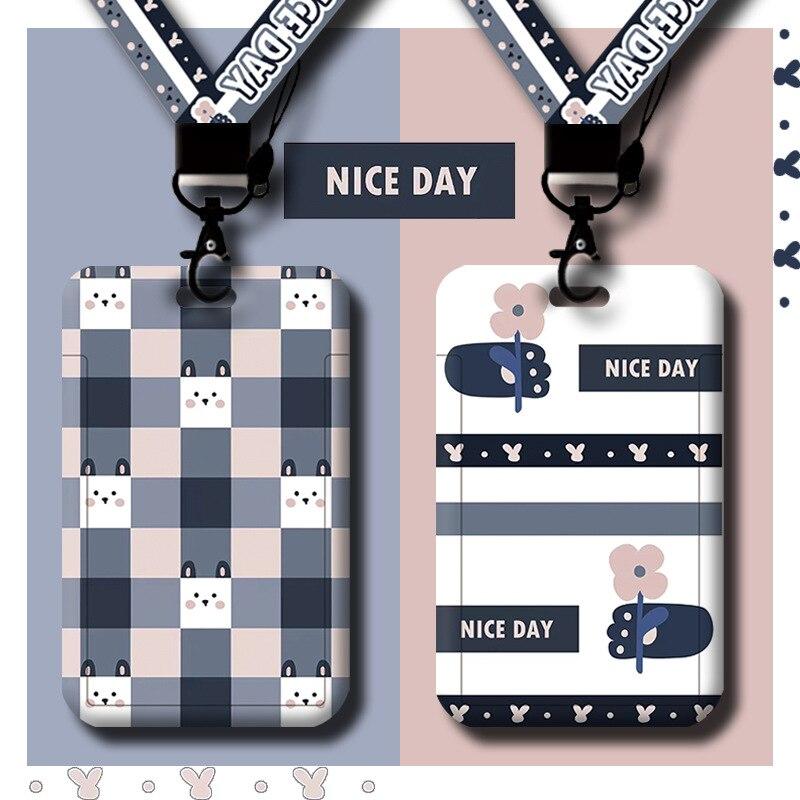 Estuche deslizante de dibujos animados Kawaii, etiqueta de identificación, funda para permiso de trabajo, funda con estampado de oso y conejo, soporte para tarjeta con nombre de permiso de trabajo