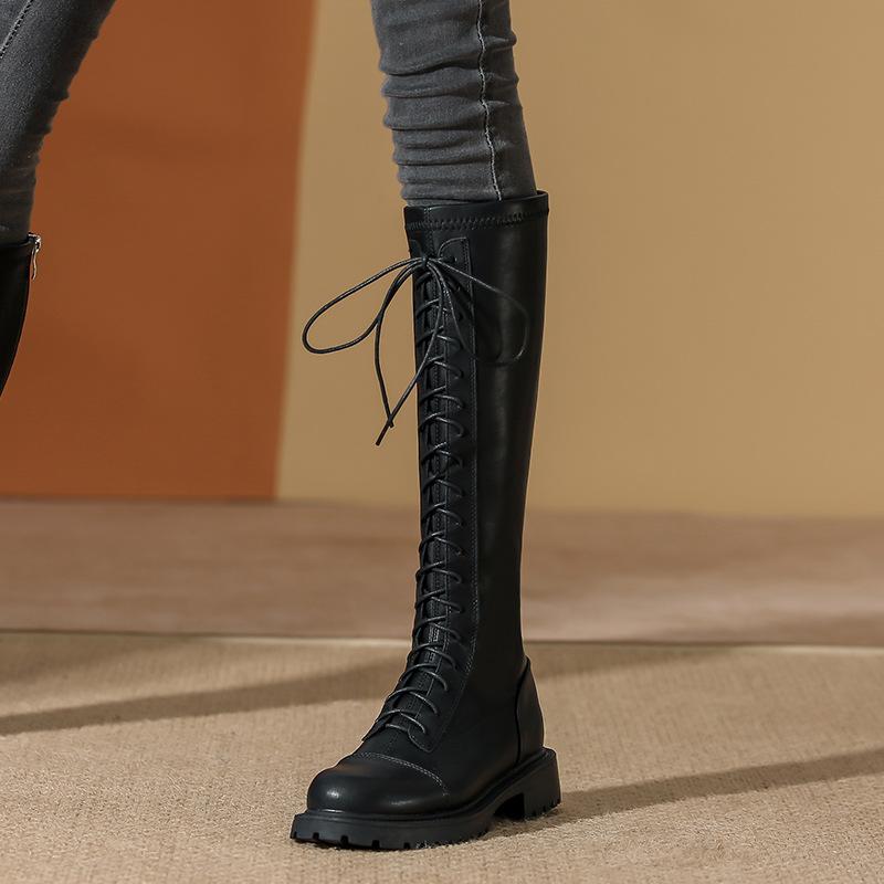 White knight boots women's autumn and winter soft leather lace-up thick-soled boots women's thick-heeled long boots high boots piled and thickened