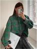 2024 Autumn Women's Retro Plaid Loose Lapel Shirt with Long Sleeves and Pocket