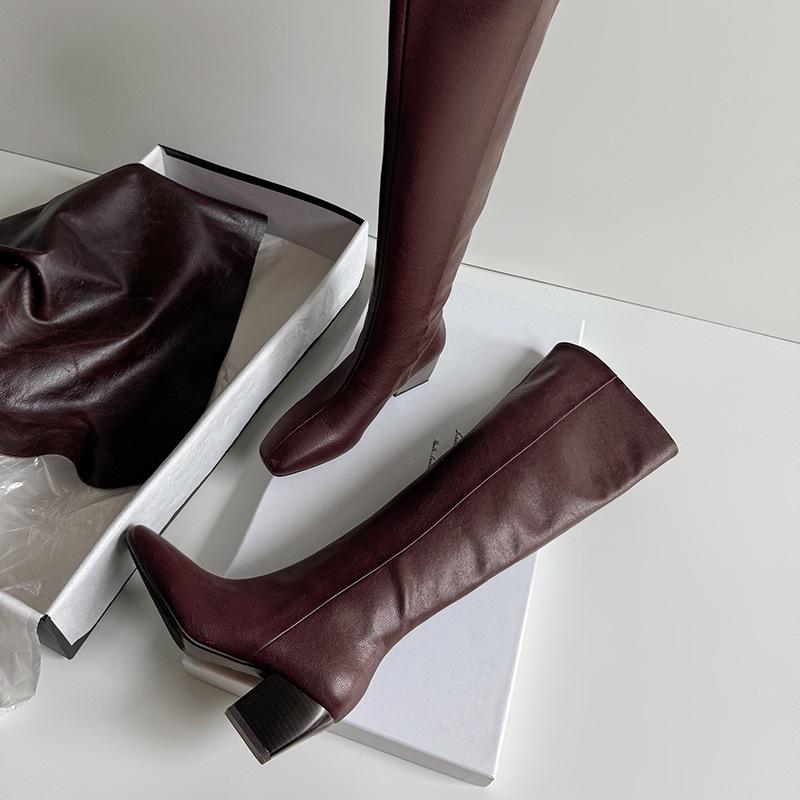 

6 см черные модные, но ботфорты до колена, британский стиль, универсальные, квадратный носок, толстый каблук, на одной педали, тонкие рыцарские сапоги 40 тёмно-рыжий