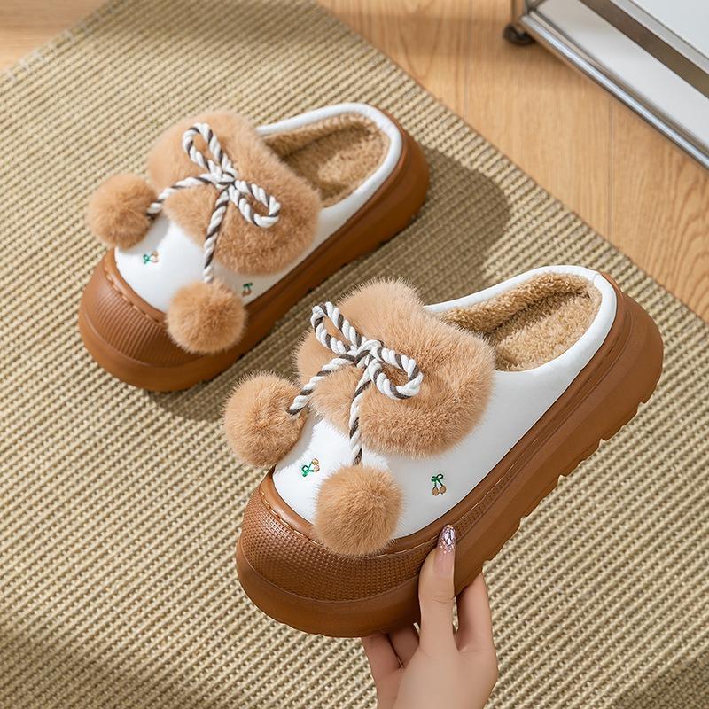 Leather warm cotton slippers women's plush thick-soled autumn and winter new fashion versatile indoor and outdoor velvet cotton shoes
