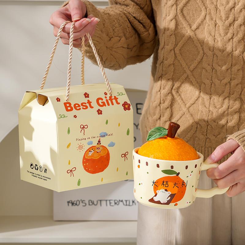 High-Value Ceramic Cup With Lid, Cute Office Couple Water Cup Gift Box, Creative New Year'S Souvenir