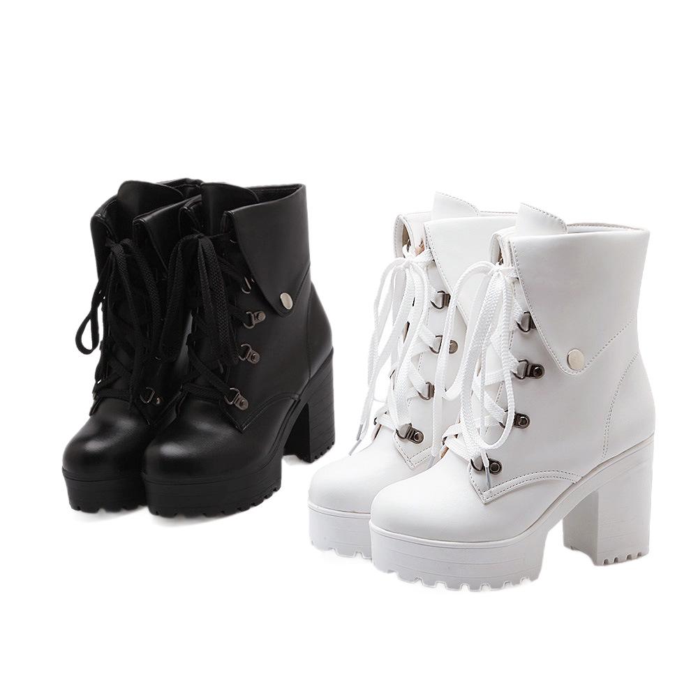 Women's Height-Boosting Martin Boots, Chunky Heel, Lace-Up, Waterproof, Thick-Sole Ankle Boots, Versatile High-Heeled Autumn/Winter Boots