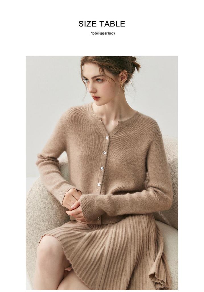Women's Solid Color Cashmere Cardigan - Round V-Neck, Single-Breasted Wool Sweater for Autumn/Winter.