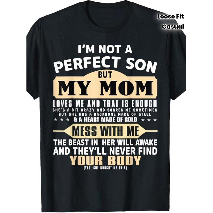 Funny I m Not a Perfect Son But My Mom Loves Me T-Shirt - Black Loose Fit Short Sleeve Shirt with Funny Mom Quotes & Arabic/English Translation, S чёрный