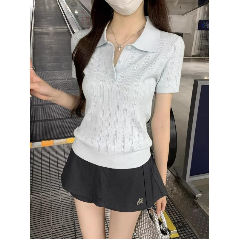 women pointelle knit polo shirt short sleeve button placket form-fitting casual solid color top