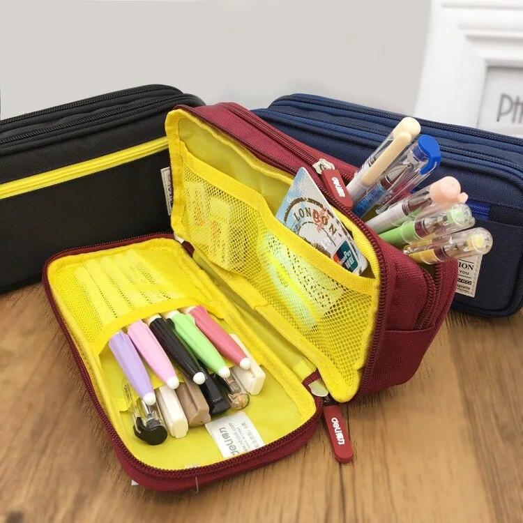 3 Colors Canvas Student Pencil Cases Large Capacity Multi-layers Organizer for Office Stationery Pencil Bags School Supplies