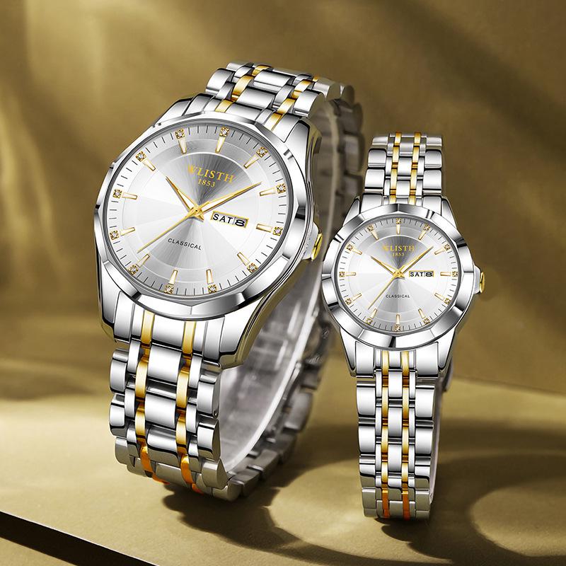 Trendy Waterproof Luminous Quartz Couple Watches for Men & Women – Solid Steel, Calendar Feature