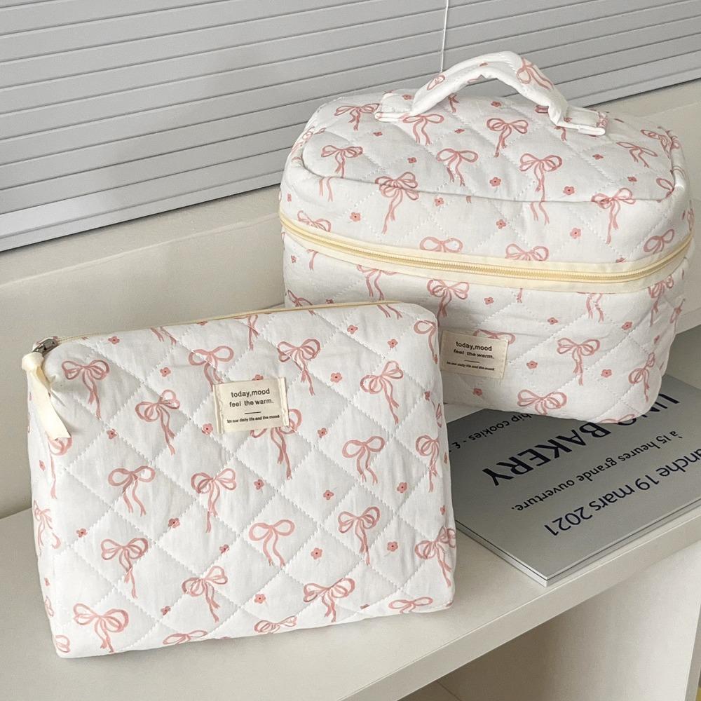 New Korean Style Cosmetic Bag Multi-size Pink Bow Travel Storage Bags Plaid Zipper Stationery Pouch for Women Girls