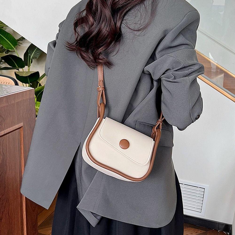 PU Leather Shoulder Bag Solid Color Crossbody Bag Fashionable Small Square Saddle Bag Women