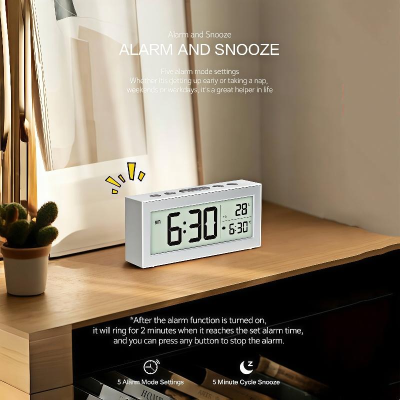 Battery Powered Digital Alarm Clock TEMP Date Backlight Night-light Unlimited Snooze Table Clock 12/24H Auto Dimmable LCD Clock