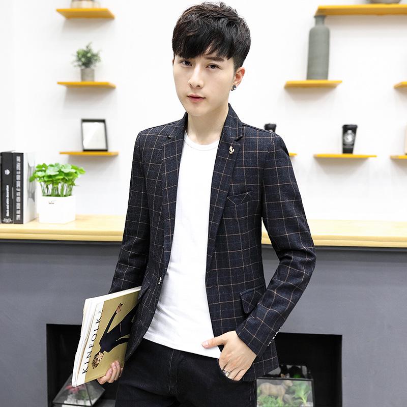 

Мужской приталенный клетчатый блейзер - Повседневный костюм в корейском стиле на весну/осень M (165) черный серый