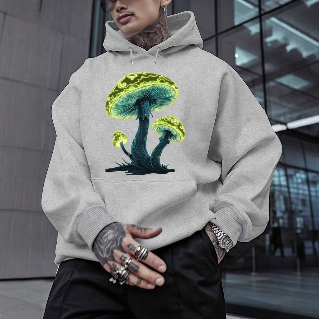 Psychedelic Fluorescent Mushroom Print Hooded Sweater, Hemp Gray Loose Shoulder Street Coat for Men and Women