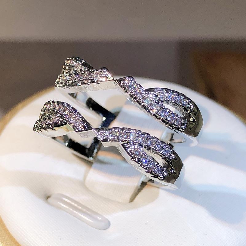 Copper Exquisite Geometric Zircon Double Row Ring Women's Jewelry New Interwoven Winding Ring Party Birthday Gift