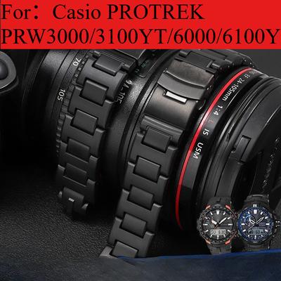 For Casio Double Press Bucket Anti-Allergy Special Outdoor Composite Plastic Steel Watch Band PRW-6000/3100 Black Strap
