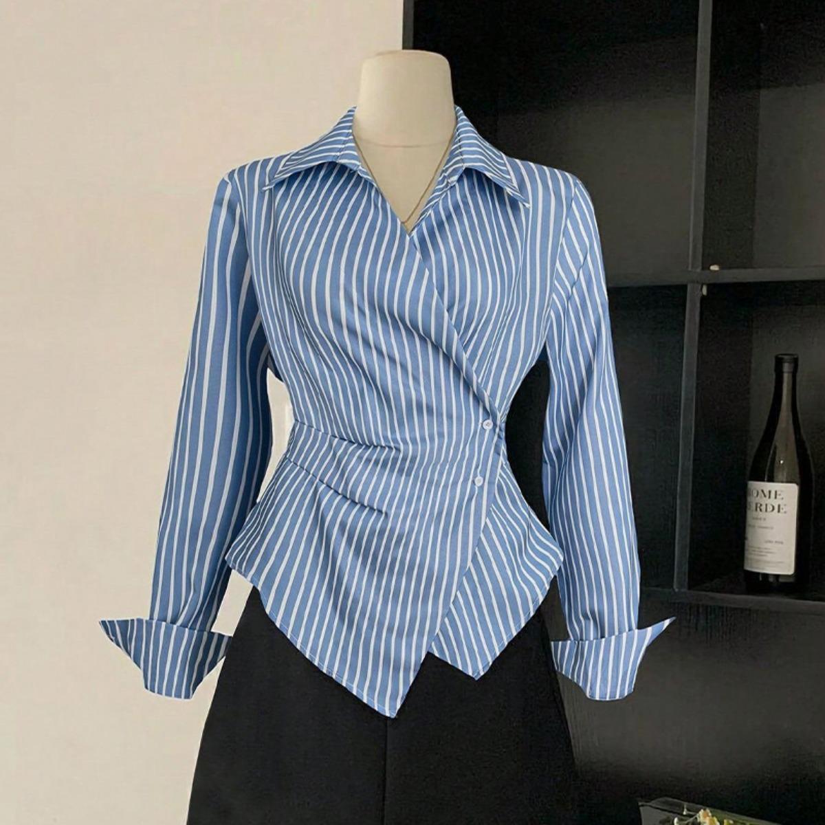 Fall New Women s Striped Shirt, Irregular Hem Long Sleeve Open Front Blouse, European American Style Elegant Casual Top S