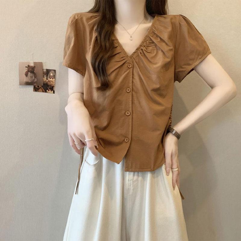 Korean Folds V-Neck Summer Blouse Fashion Shirring Drawstring Women's Clothing Vintage Single-breasted Basic Solid Color Shirts