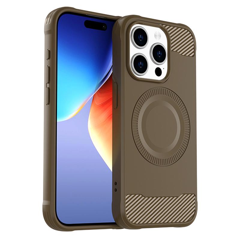 

For iPhone 15 Pro Case Compatible with MagSafe Carbon Fiber TPU Phone Cover Brown