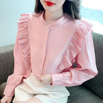 Moda Novo 2024 Outono Manga Longa Gola Alta Casual Babados Rosa Chiffon Blusa Camisa Mulheres Tops Blusas Camisas J513