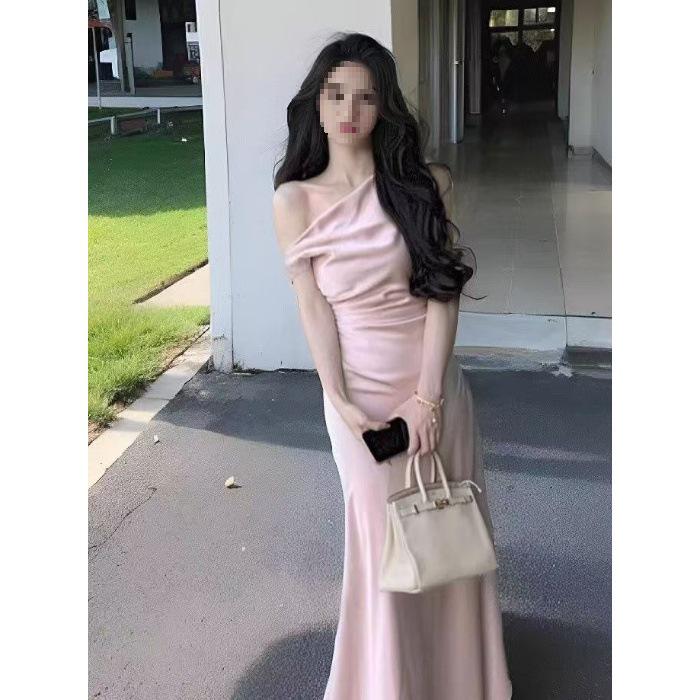 French Socialite Style Satin One-Shoulder Mermaid Maxi Dress - Elegant Draped Neck Bodycon for Women Spring Summer Formal Gown. Medium
