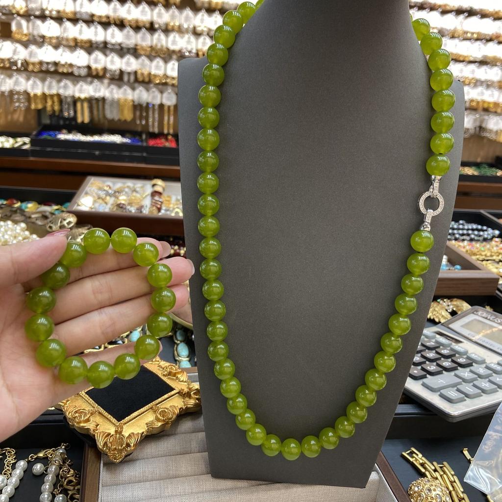 New Medieval Vintage Fashion Retro Design Qingti Color Jade Bracelet 12M Natural Stone Long Necklace Bracelet