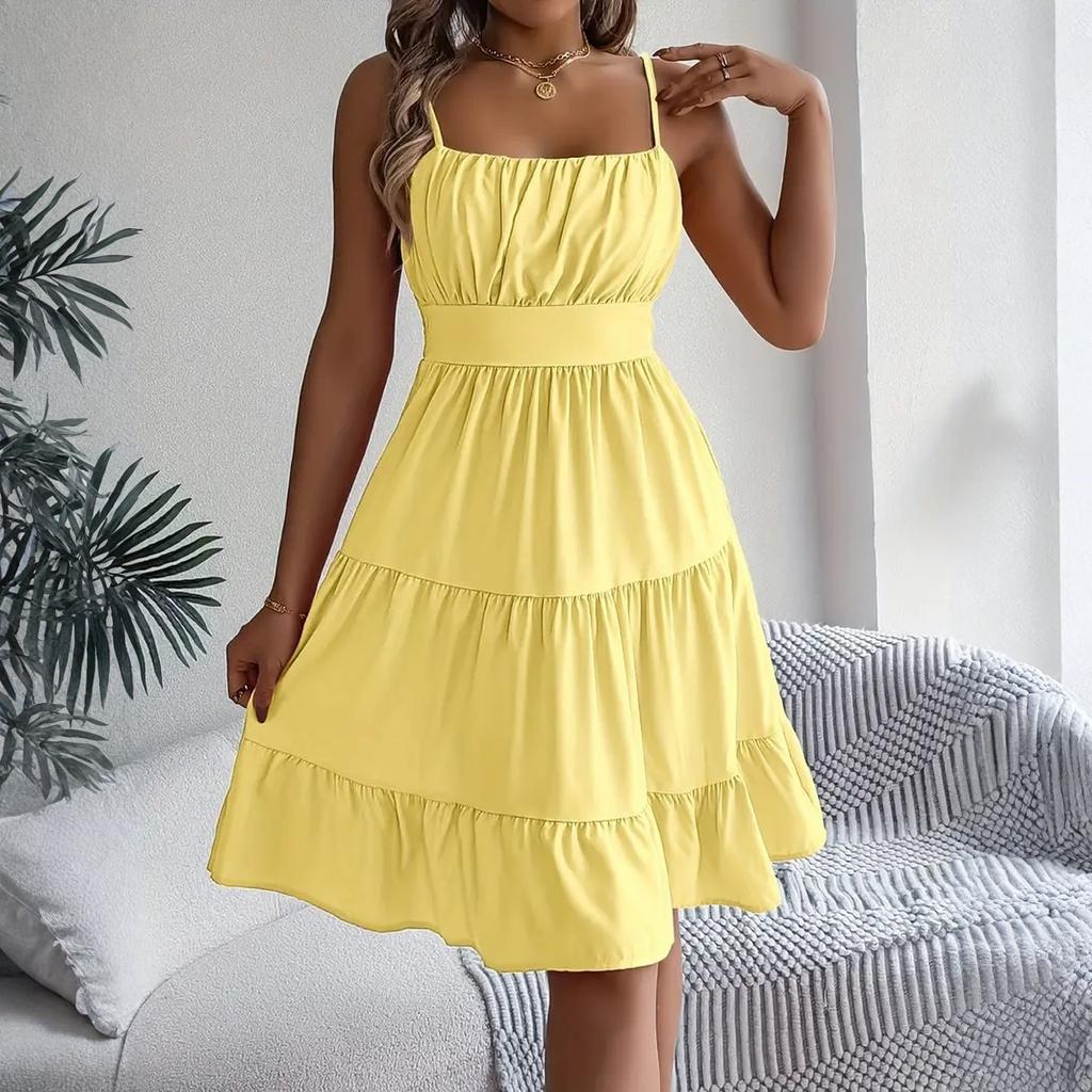 Women's Fashionable Solid Color Square Neck Sleeveless Camisole Layered Pleated Dress