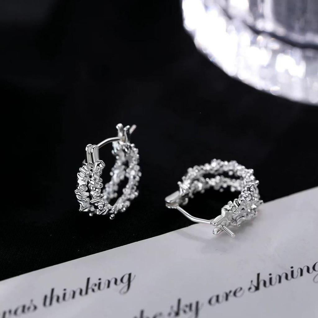 925 Sterling Silver Double Layer Crushed Earrings: Niche Design 2025, High-End Women's Stud Ornament