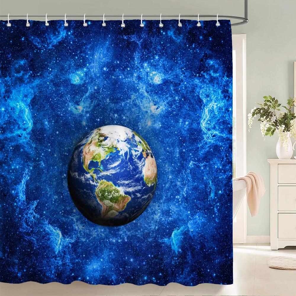 Earth Moon Starry Sky Scenery Printing Shower Curtains Bathroom Curtain Waterproof Fabric With Hooks Home Decoration Bath Screen