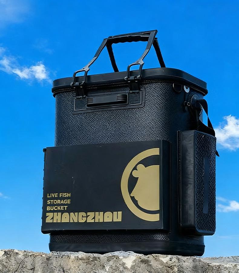 Foldable Hard Shell Fishing Bucket & Seat with Integrated Live Fish Storage