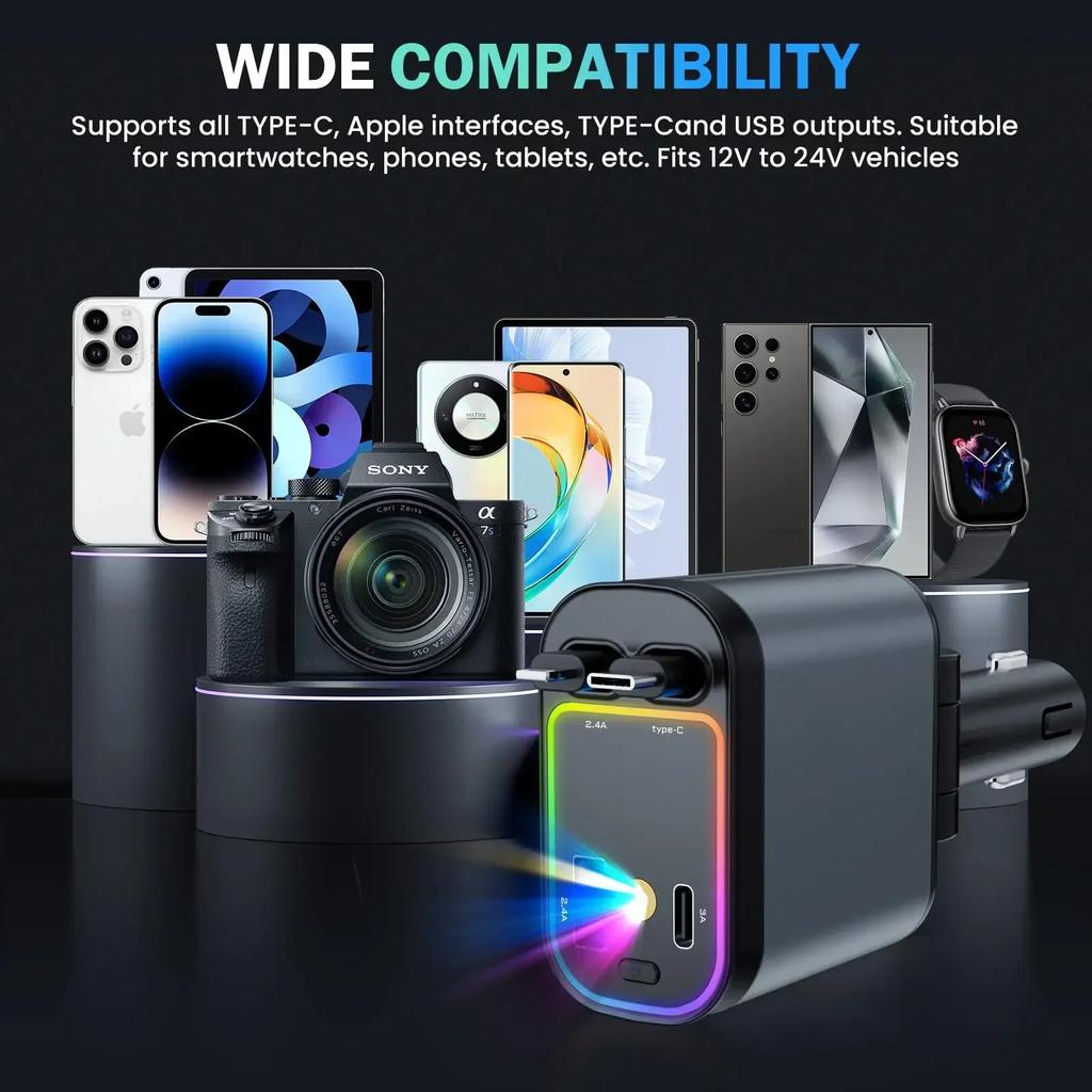 Încărcător de mașină 4 în 1 cu efect de lumină înstelată RGB, Adaptor de mașină USB de încărcare rapidă PD 120W cu cabluri retractabile, reglabil la 180° pentru iPhone Samsung