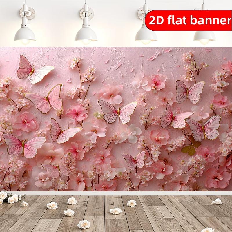1pc2D Flat Banner with Floral Butterfly and Cherry Blossom Themes, Made of Pink and White Polyester