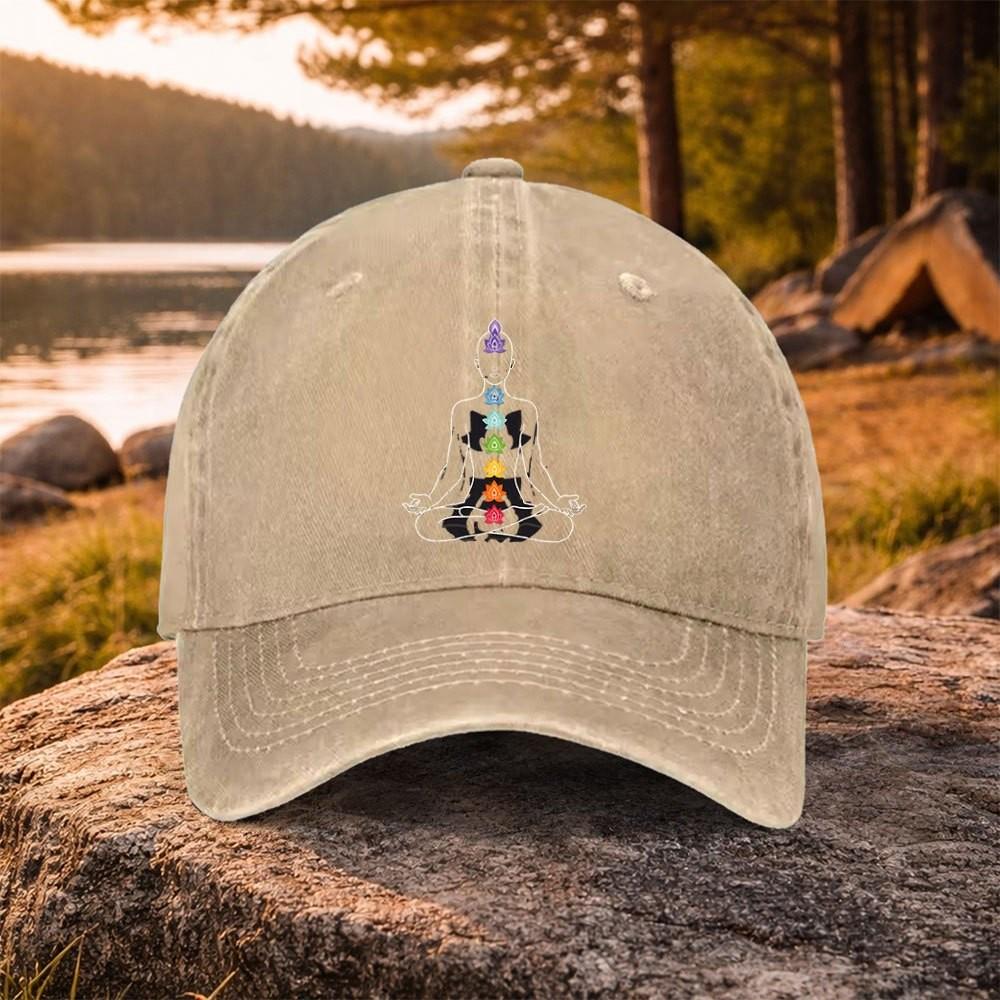 Chakra Meditation Graphic Washed Baseball Cap Adjustable Cotton Outdoor Unisex Daily Wear Cap