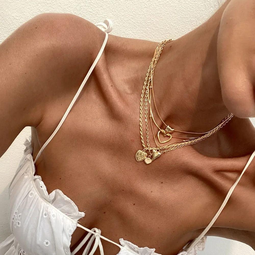 Irregular Women Necklace Multilayer Metal Chain Choker Punk Love Heart Pendant  Wedding