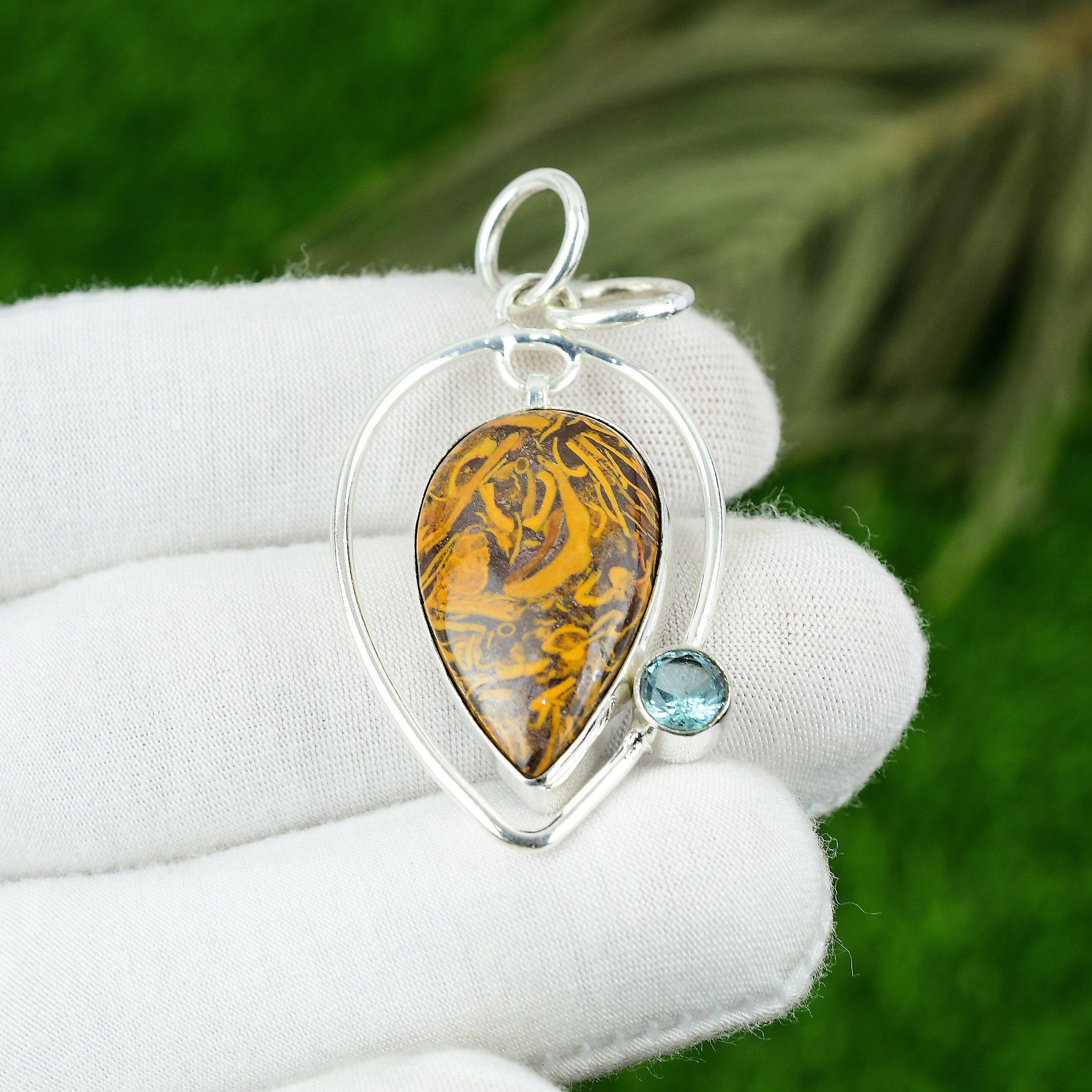 

Mothers day Sale Pear Mariam Jasper Stone Topaz Wife Pendant 925 Sterling Silver