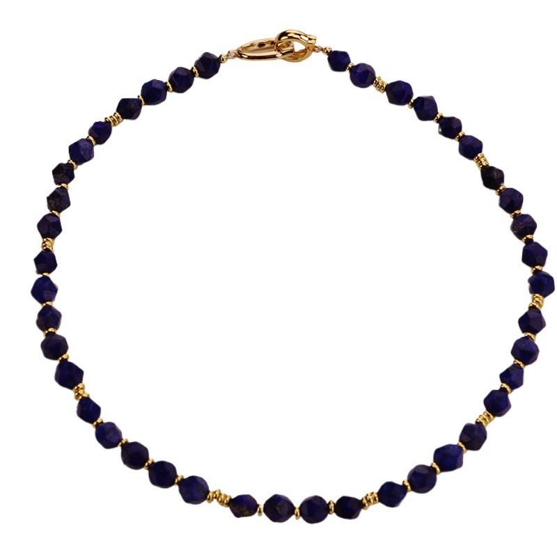 Retro Irregular-shaped Cut Matte Lapis Lazuli Pendant Necklace with Wood-grain Stone Metal Clasp At The Collarbone Chain