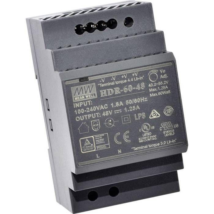 Alimentation AC-DC HDR-60-12 ultra-mince pour rail DIN 85-264VAC - 12VDC à 4,5A Passe LPS MeanWell