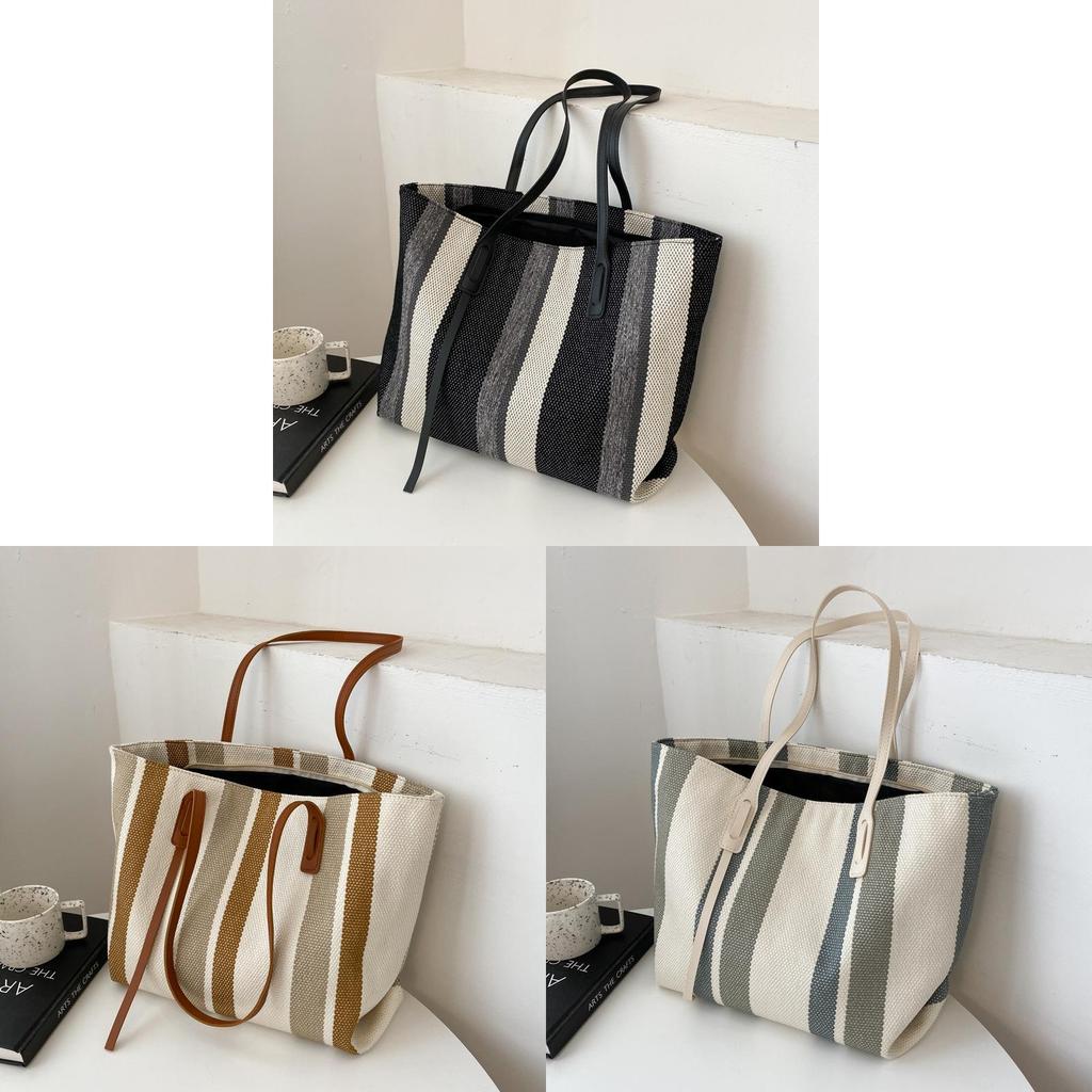 Canvas Tote Bag For Women With Striped Pattern And Zipper Closure For Daily Use