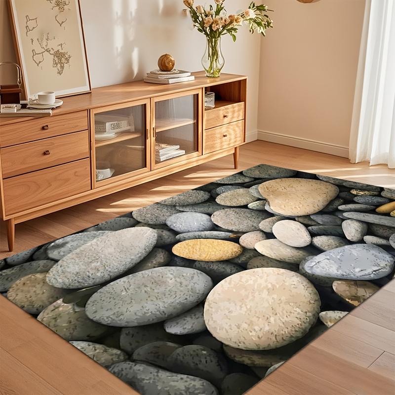 Natural River Stone Print Area Rug, Soft Neutral Floor Mat for Living Room Bedroom Bathroom Rustic Home Decor