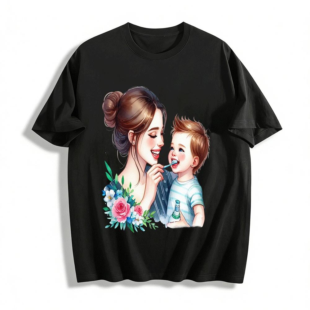 Mom And Baby Brushing Teeth Print Casual Parent-child Top Pure cotton T-shirt XXS