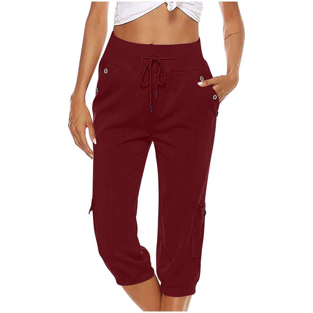 Women Drawstring Waist Loose Fit Cargo Capri Pants Wide Leg Straight Leg Casual Trousers with Pockets