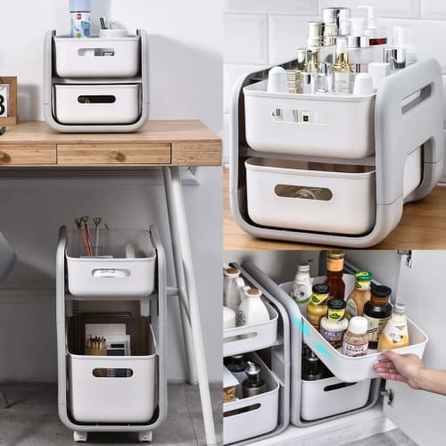 MEMETARO Under-Sink Storage Drawer, 2-Tier Sliding Rack with Casters, Stylish Kitchen Storage Shelf, Easy Assembly, 25cm Wide, 48cm High, 38cm Deep