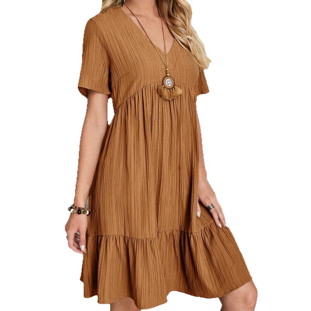 European & American Women's Casual Short Sleeve Belted Flowy Summer Dress