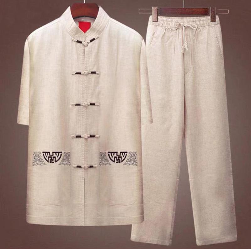 Men's Cotton & Linen Tang Suit - Short-Sleeved Chinese Style Summer Outfit for Middle-Aged & Elderly