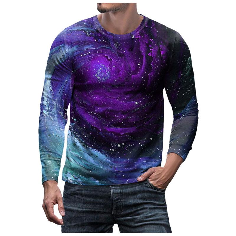 3D Brilliant Starry Sky Printed Top Casual Long Sleeved Men's T-shirts - Soft Medium Stretch Polyester Fabric Spring and Autumn Relaxed Fit Clothing