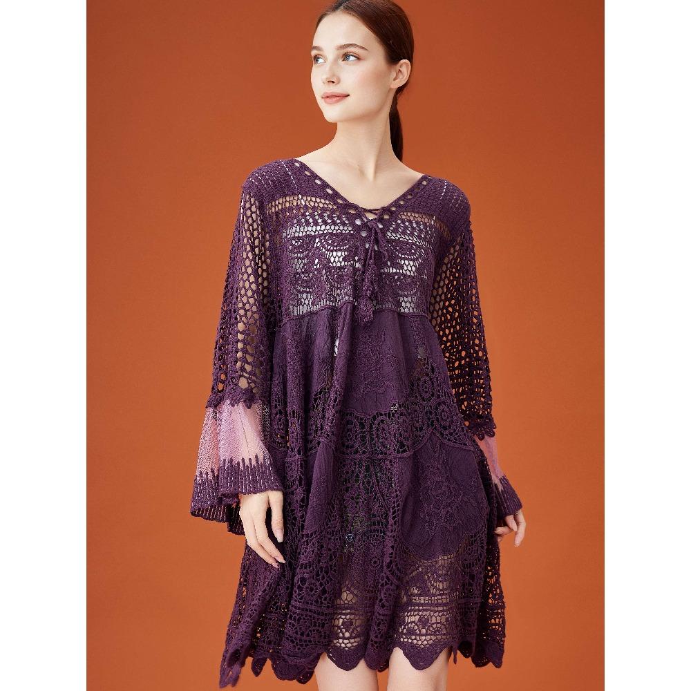 DIMANAF 2026  New Summer Women Long Basic Knitted Dress Sleeve  Fashion Lace Dresses Casual Loose