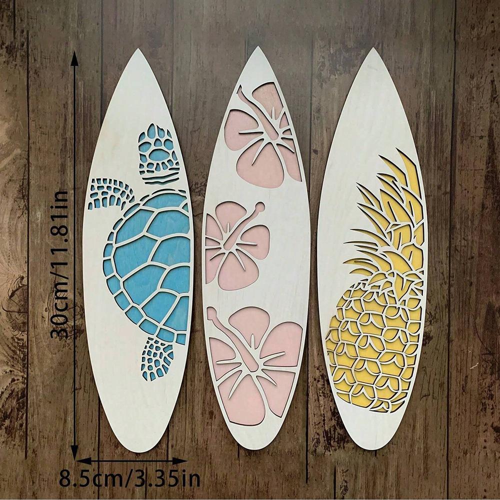 3pc Wooden Surfboard Wall Hanging Sign Summer Themed Hawaiian Tropical Hibiscus Flower Wall Decor Pineapple Sea Turtle Door Sign