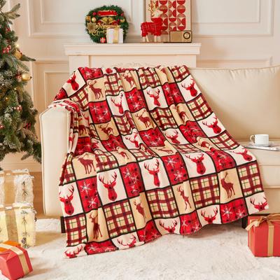 Red Checked Christmas Elk Pattern Blanket Flannel Soft Comfortable Home Blanket Blanket Birthday Holiday Gift