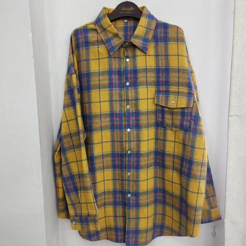 2024 Autumn Women's Retro Plaid Loose Lapel Shirt with Long Sleeves and Pocket