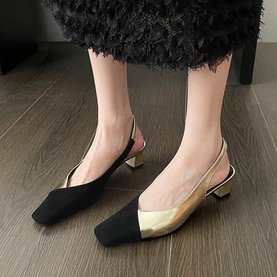 Fashion Retro Colorblock Baotou Sandals Summer New Square Toe Shallow Mouth One Strap Back Empty Non-slip High Heels