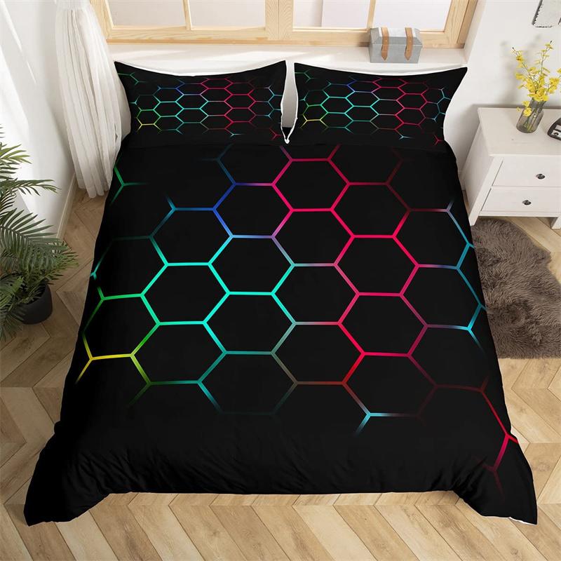 Boys Cartoon Honeycomb Duvet Cover Geometry Hexagon Bedding Set Twin King Polyester Colorful Grid Art Neon Decor Comforter Cover